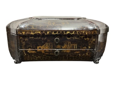 19th C. Chinese Export Lacquered Sewing Box w/ Accessories