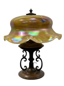 RARE Signed Oscar B. Bach Bronze Lamp w/ Art Glass Shade