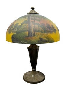 Large 1920s Bronze Pittsburgh Reverse Painted Lake Scene Lamp