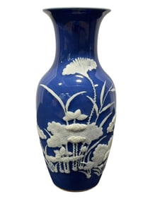 Blue Chinese Porcelain Vase w/ White Flowers