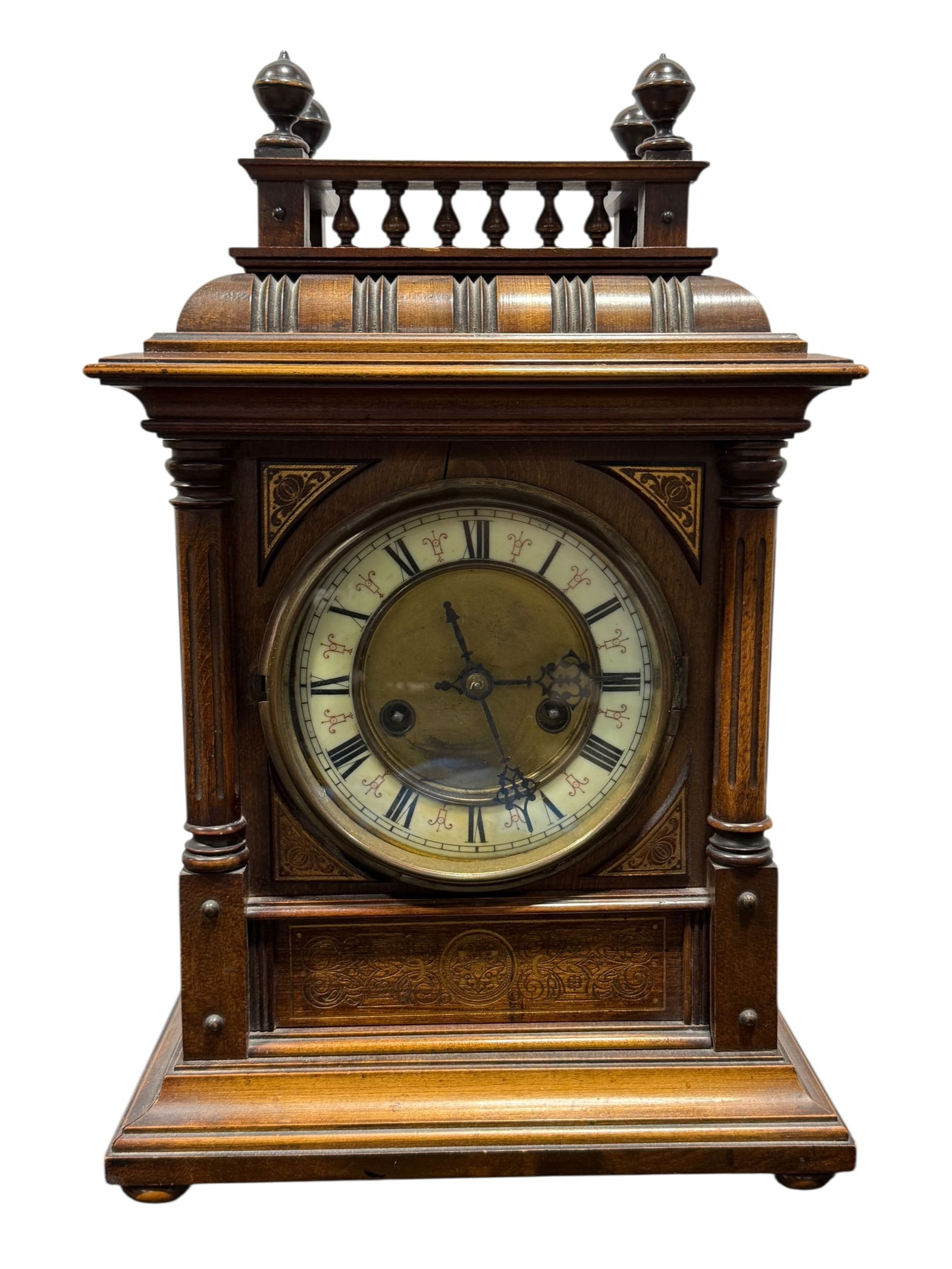 Cir 1890 H.A.C. Wurttemberg Oak Mantel Clock: Cir 1890 H.A.C. Wurttemberg Oak Mantel Clock. 14- Day Strike Clock and No. 1080. Label on the inside with key. Measures 15.5" H x 9.75" W x 6" D.
