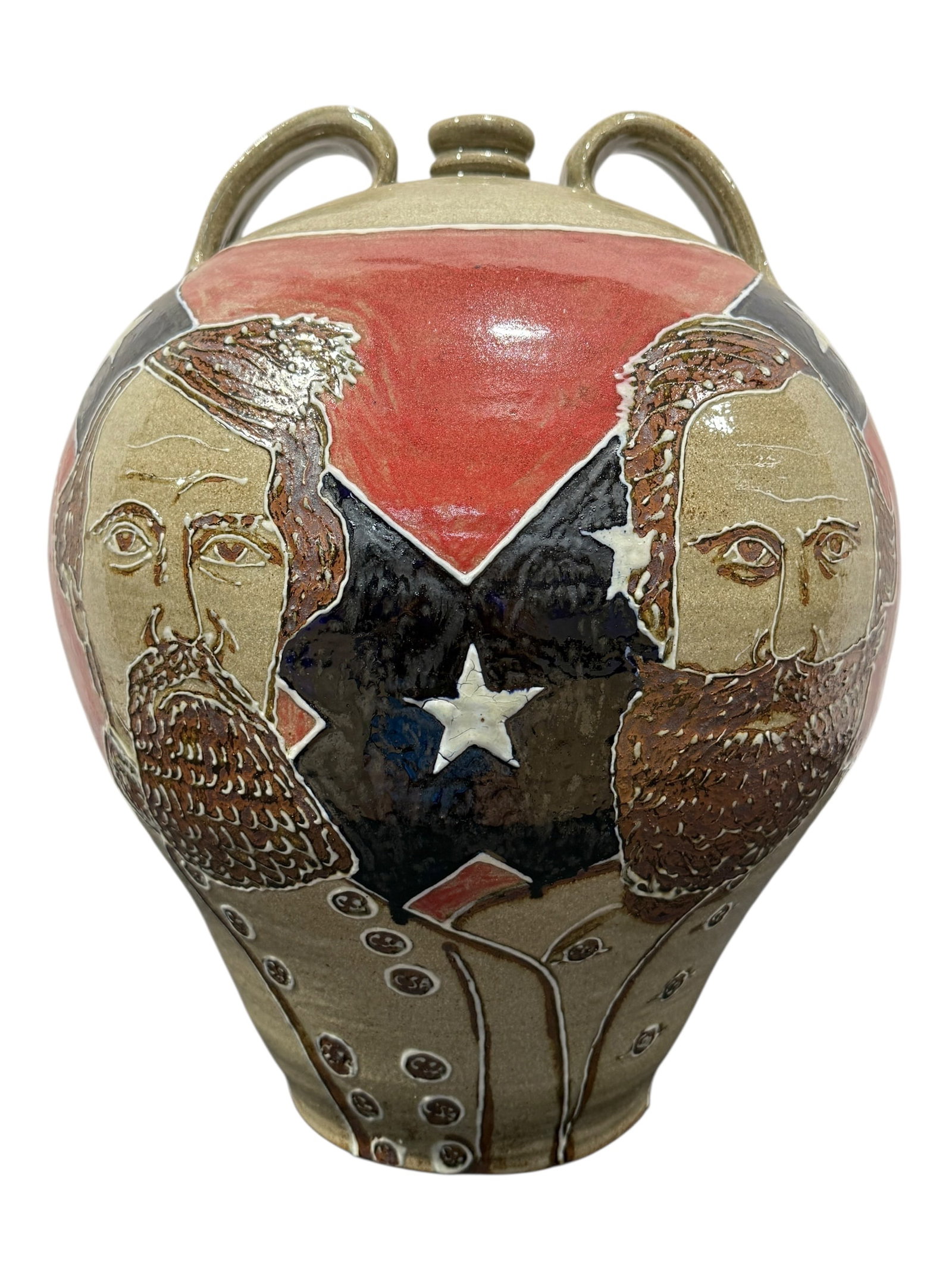 Large Signed Michael Bayne "Heroes of The South" Jug: Large Signed Michael Bayne "Heroes of The South" Jug. Signed Michael Bayne S.C. "Heroes of The South" No. 2. Jug depicting Robert E. Lee, Thomas "Stonewall" Jackson, J.E.B. Stuart & Jefferson Davis. M