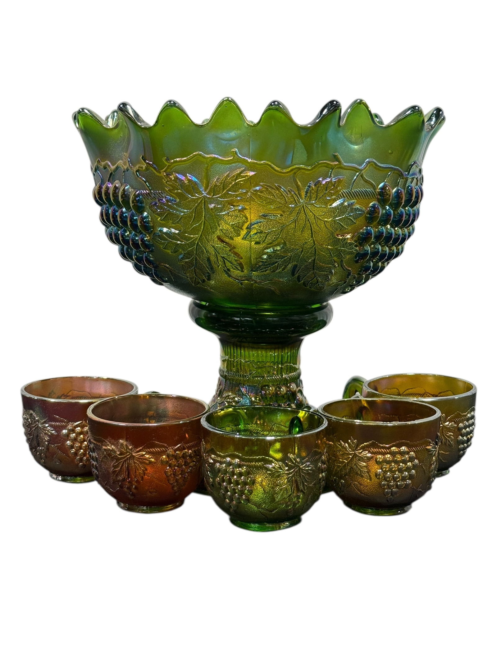 RARE 7Pc Northwood Emerald Green Stippled Punch Bowl Set: RARE 7Pc Northwood Emerald Green Stippled Punch Bowl Set. 5 glass cups measure 2.75" Tall. Overall bowl on stand measures 10.5" H. Bowl alone measures 6" H x 10.5" W x 10.5" D. Stand measures 5" H x 6