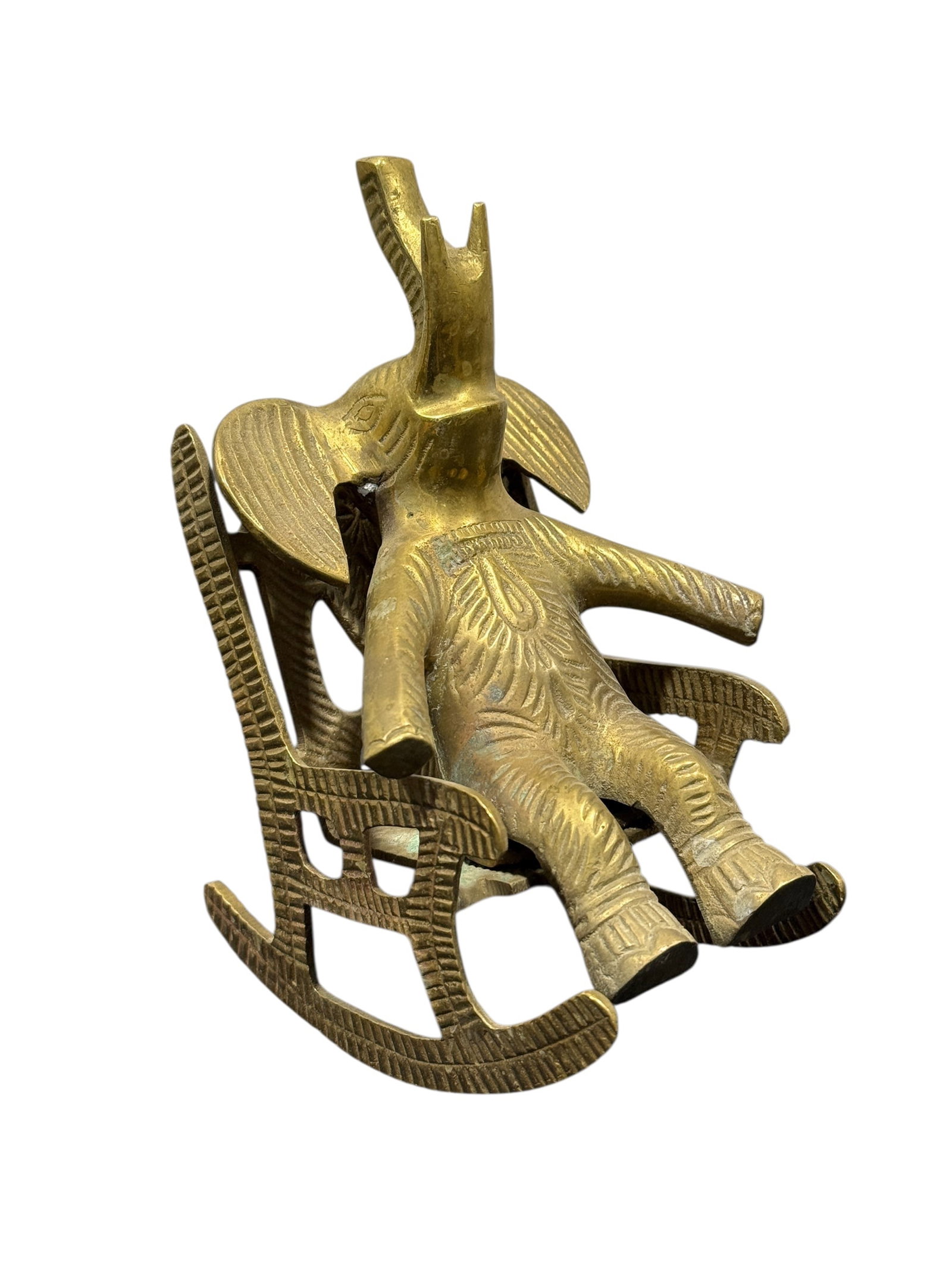 Antique Brass Trunk Up Elephant in Rocking Chair: AntiqueBrass Trunk Up Elephant in Rocking Chair. Measures 7" H x 3.5" W x 5.25" D.