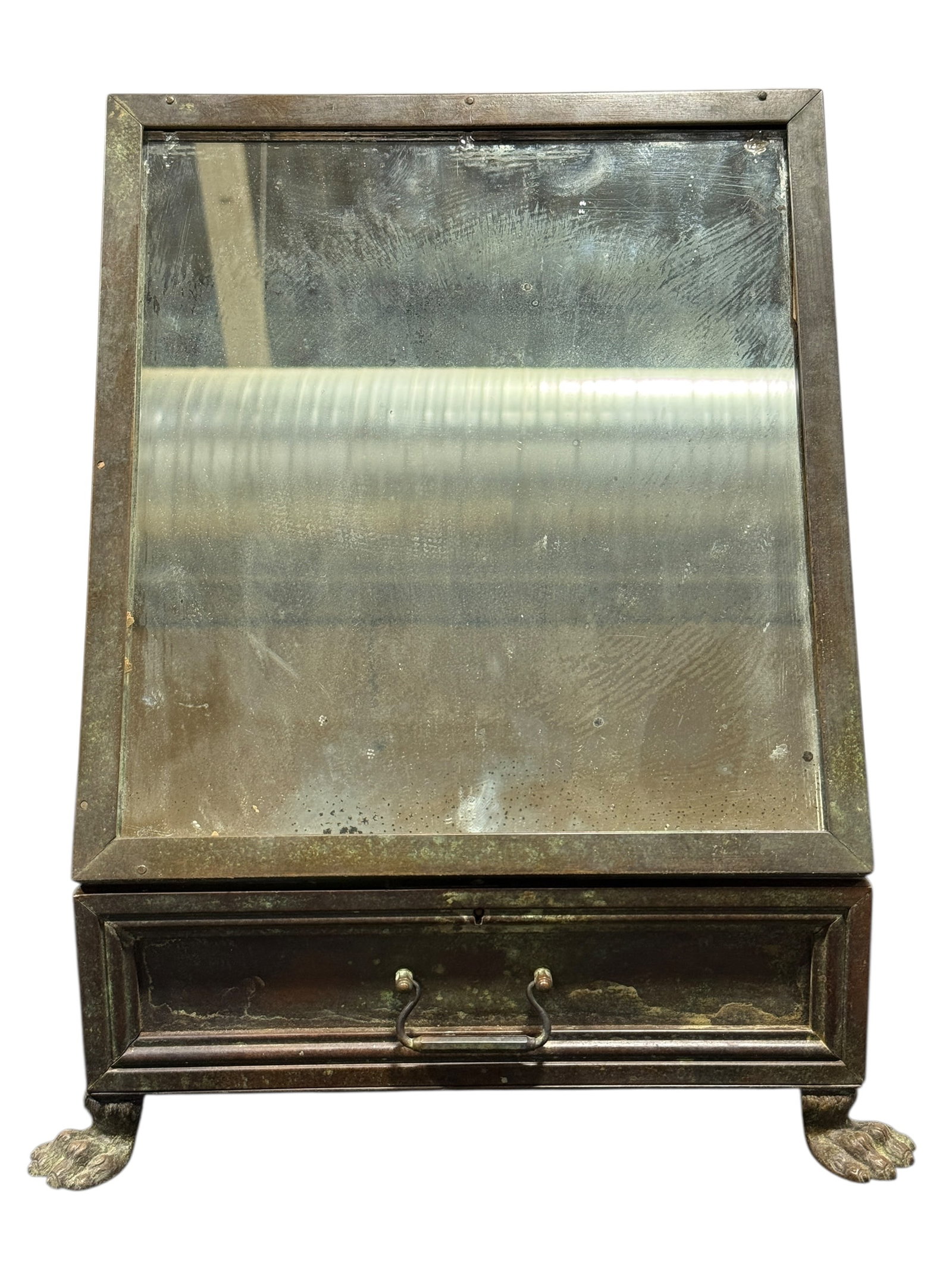 RARE Antique Bronze Tiffany & Co. Shaving Stand w/ Drawer: RARE Antique Bronze Tiffany & Co. Shaving Stand w/ Drawer. Marked Tiffany & Co. 585 on the backside. Measures 5.5" H x 13.5" W x 14.5" D closed. Measures 17.25" H x 13.5" W x 14.5" D open.