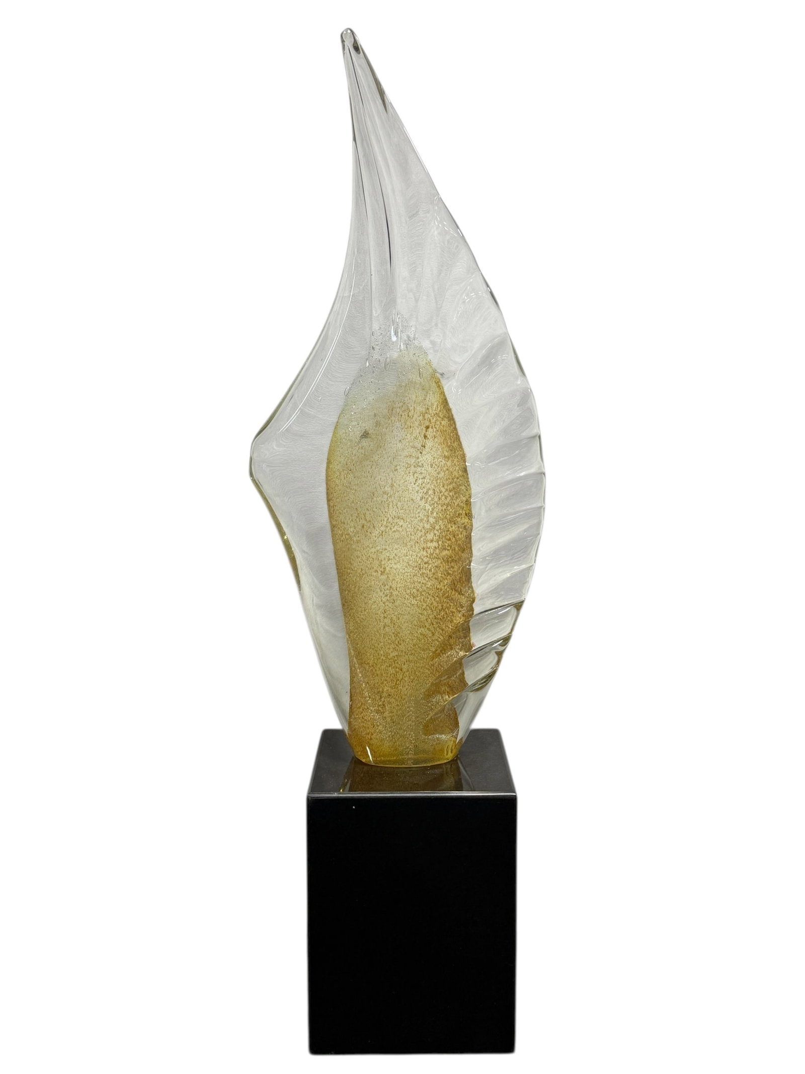 Large Murano Glass Leaf Sculpture on Stone Base: Large Murano Glass Leaf Sculpture on Stone Base. Measures 26.25" H x 8" W x 5.25" D.