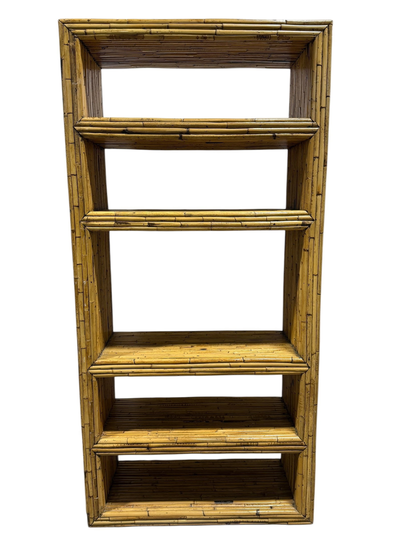 MCM Rattan Bamboo Etagere: MCM Rattan Bamboo Etagere. Bamboo over wood structure. Measures 78.5" H x 38" W x 15.25" D.