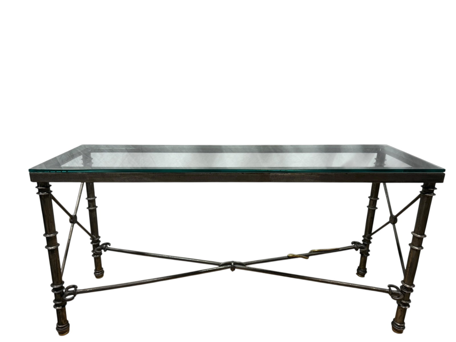 Ilana Goor Steel & Brass Console Table: Ilana Goor Steel & Brass Console Table. Brass snake around bottom bar. Measures 29" H x 59.5" W x 18" D.