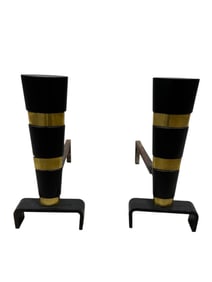 Pair of MCM Cast Iron & Brass Andirons Attr. To Ward Bennett