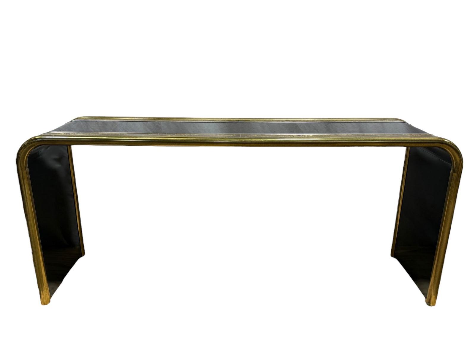 MCM Bernhard Rhone Waterfall Console Table by Mastercraft: MCM Bernhard Rhone Waterfall Console Table by Mastercraft. Acid etched mixed metals. Measures 27.25" H x 62" W x 17" D.