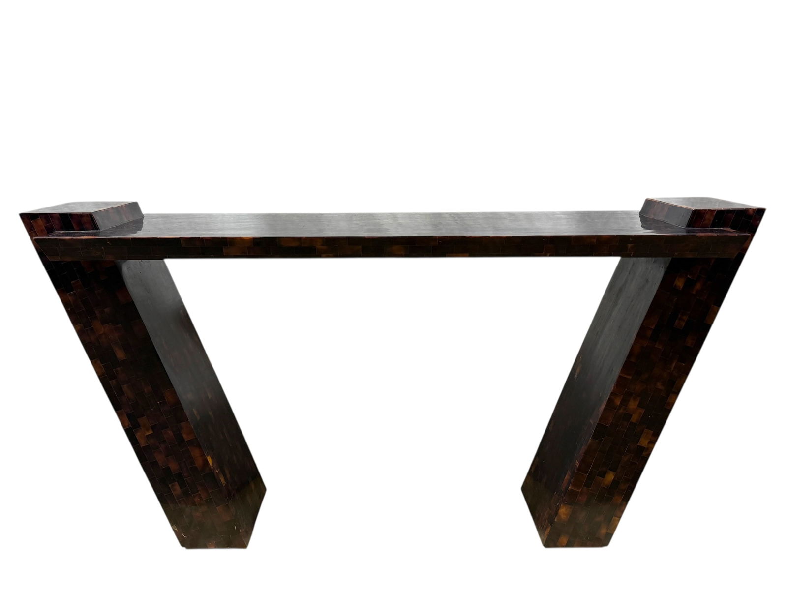 Maitland Smith Tessellated Console Table: Maitland Smith Tessellated Console Table. Brass Maitland Smith plate label on the underside. Measures 28.25" H x 55.5" W x 16.25" D.