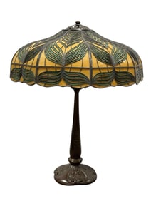 Signed Cir 1910 Handel Peacock Feather Overlay Bronze Lamp
