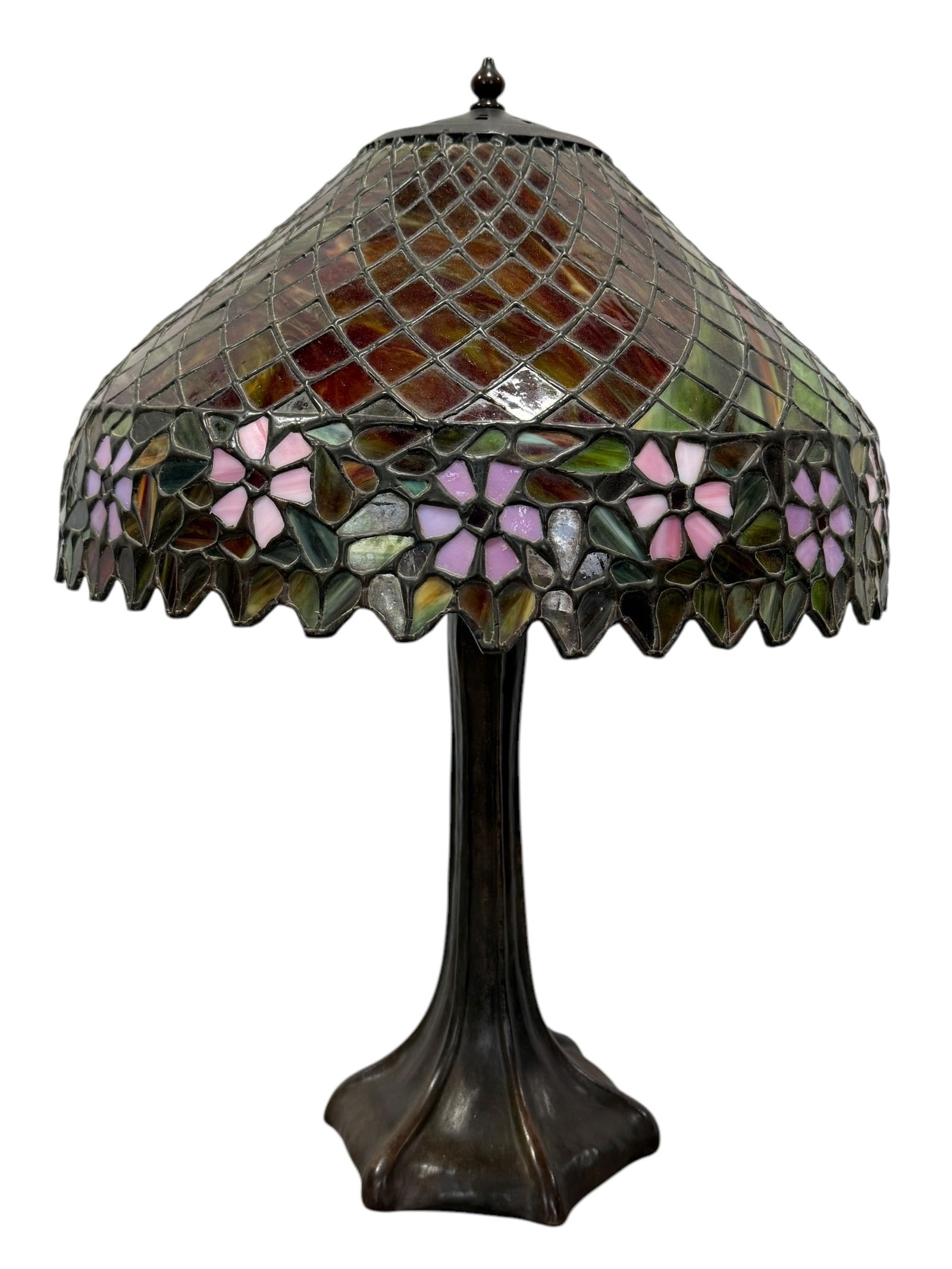 Antique Bronze Handel Stained Glass Table Lamp: Antique Bronze Handel Stained Glass Table Lamp. Stamped handel on the underside of base. Measures 23" Tall. Shade measures 10.5" H x 17" Diameter.