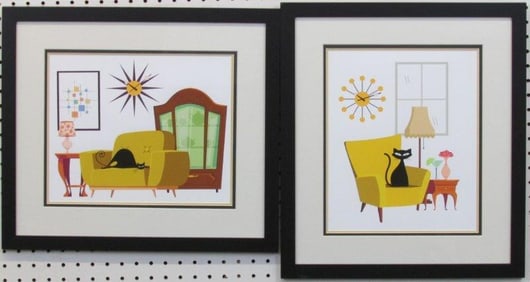 Set of 2 Cats on Yellow Furniture Prints