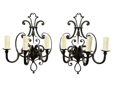 Pair of Hand Forged Iron 3 Light Sconces