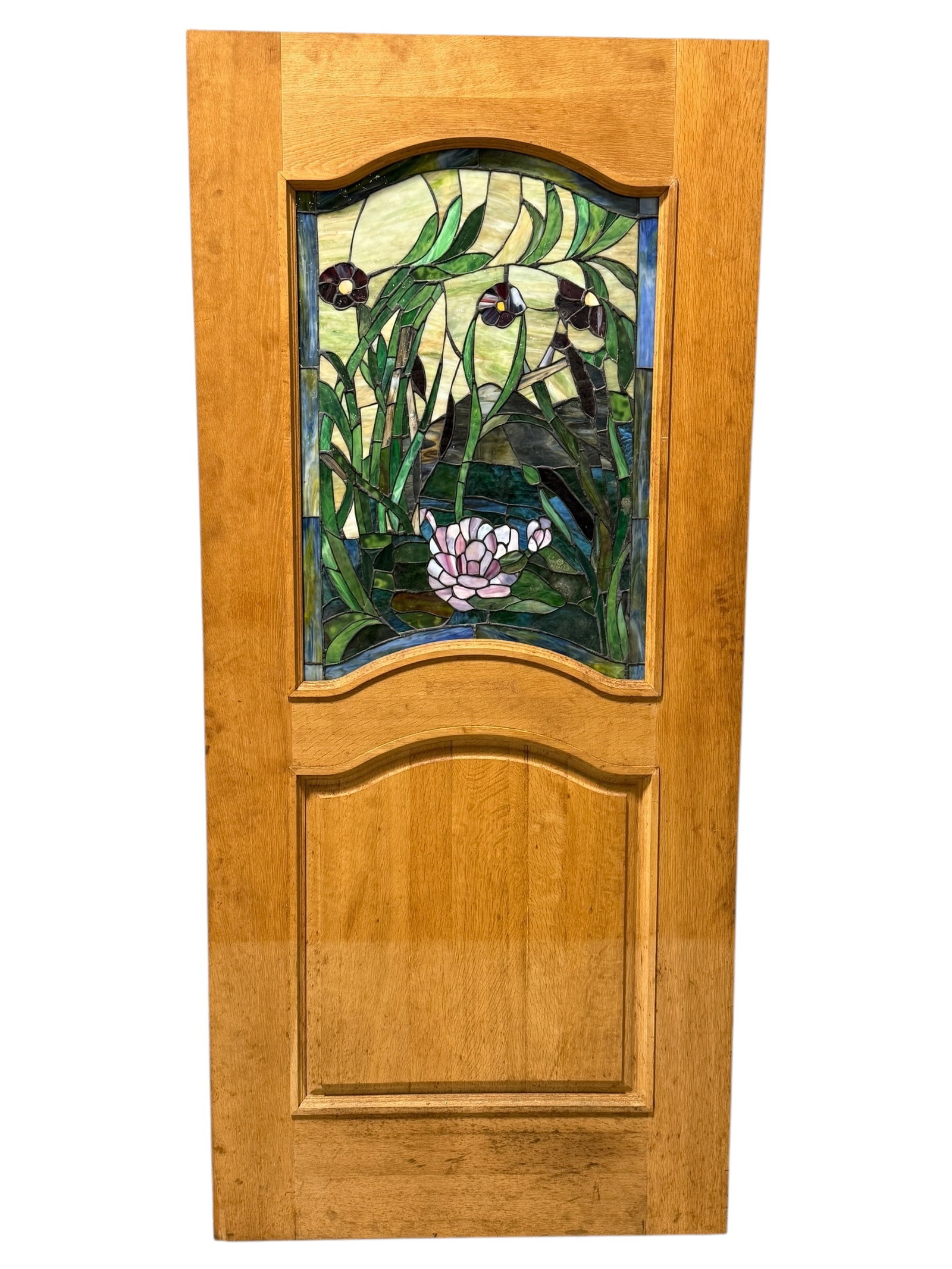 American Oak Leaded Glass Door: American Oak Leaded Glass Door. Overall measures 80" H x 36" W x 1.75" D. Leaded glass section measures approx. 33.25" H x 23" W.