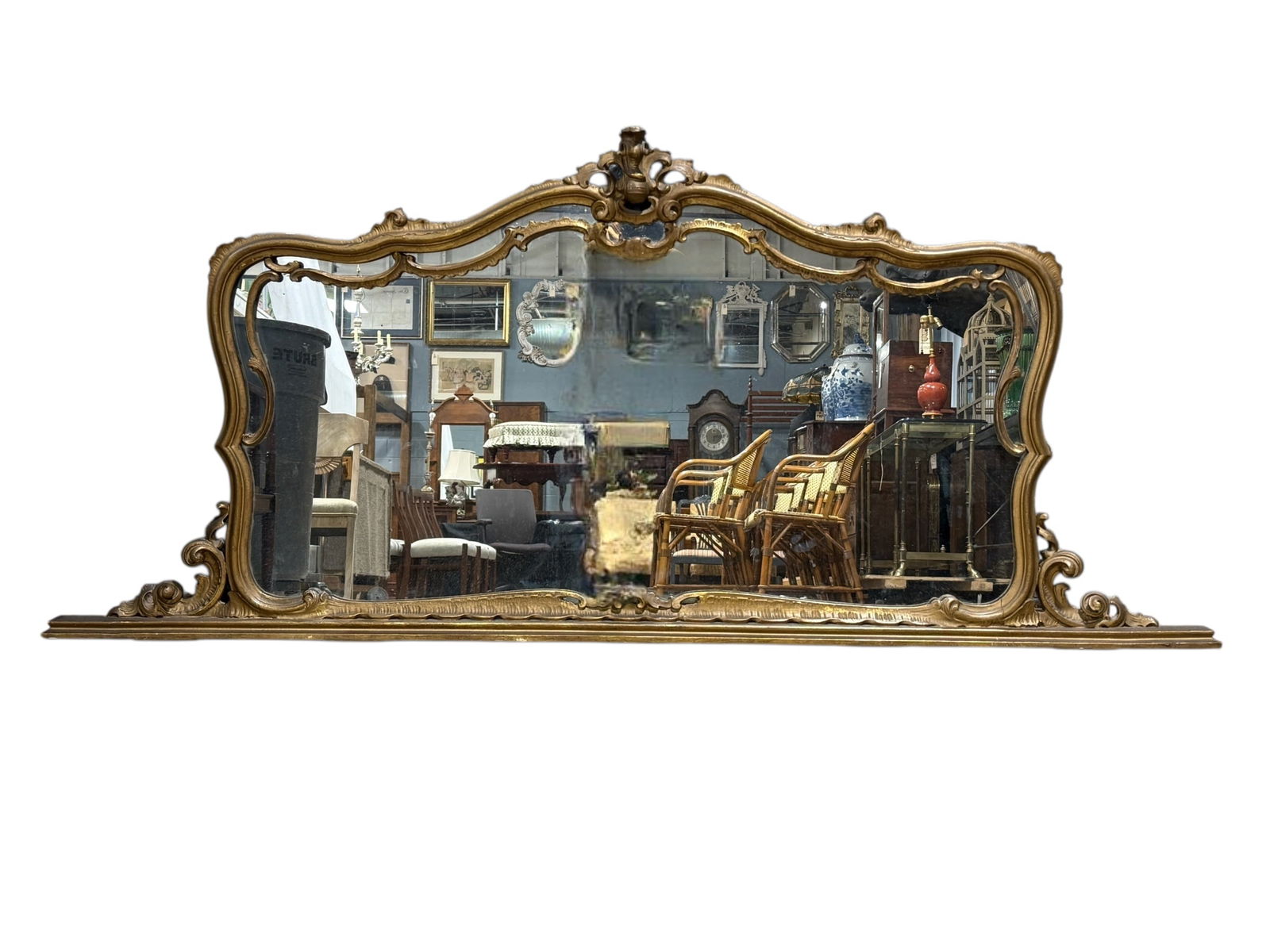 Antique French Giltwood Overmantel Mirror: Antique French Giltwood Overmantel Mirror. Measures approx. 31.25" H x 70.5" W.