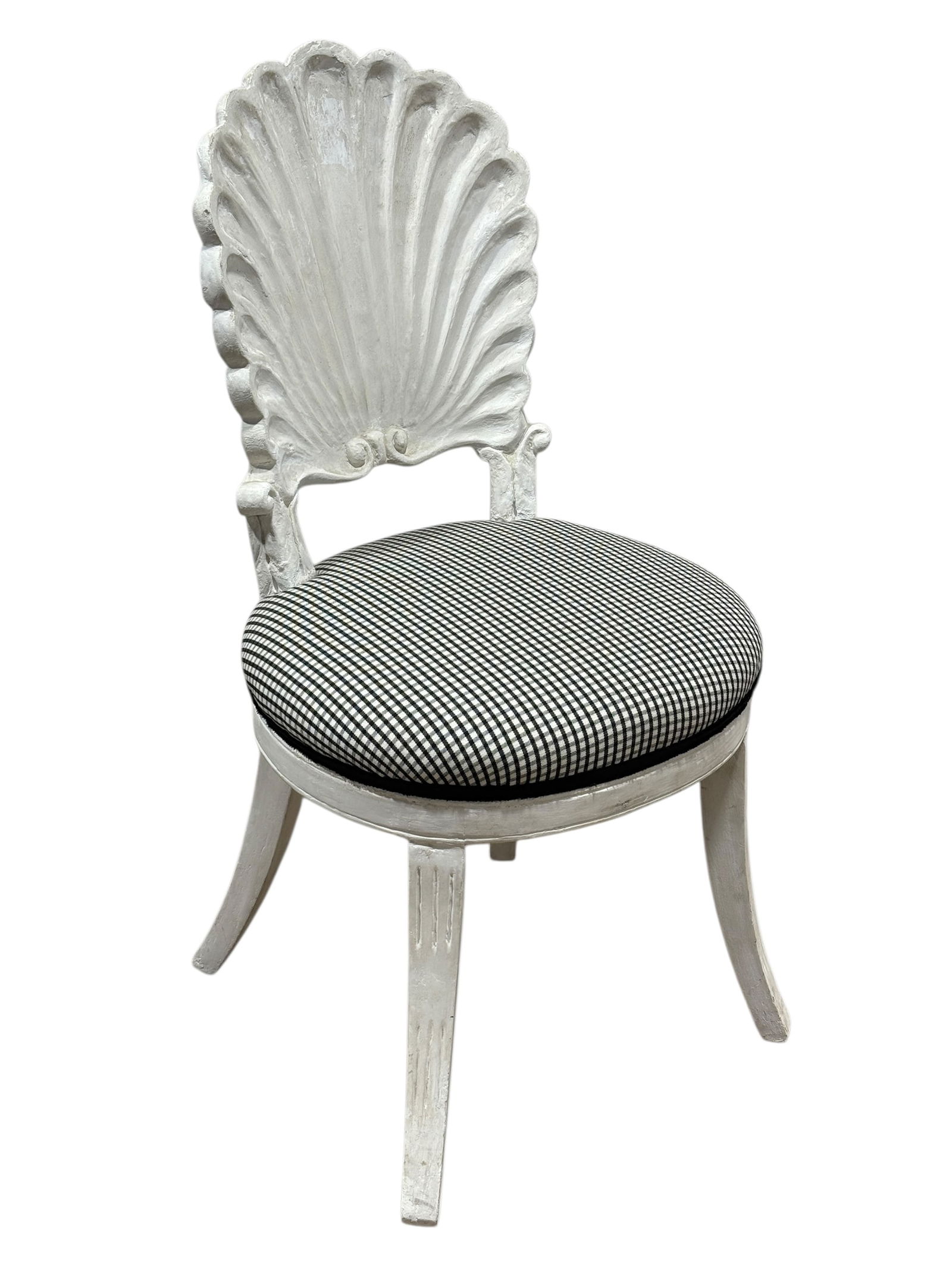 Dennis & Leen Shell Back Chair in The Style of Tony Duquette: Dennis & Leen Shell Back Chair in The Style of Tony Duquette. Label on the underside of seat. Measures 35.75" H and seat height measures 18.5" H.