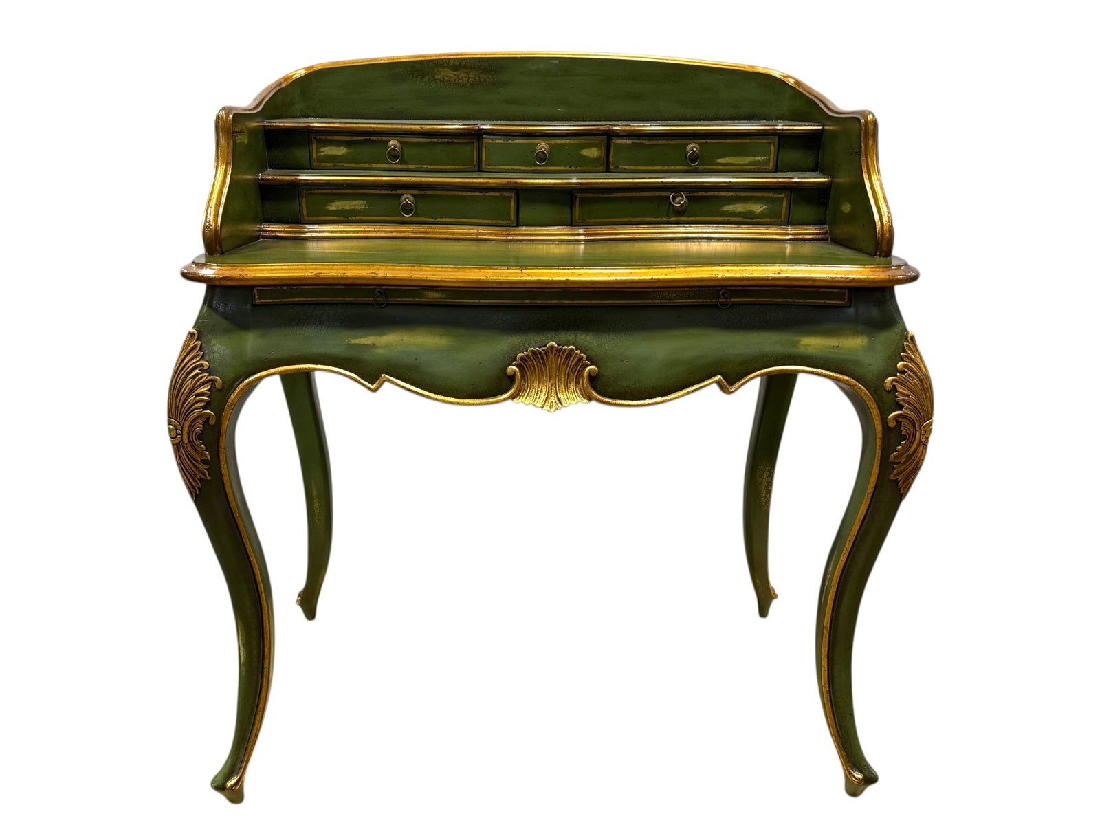 John Richards Green & Gilt Rococo Revival Style Desk: John Richards Green & Gilt Rococo Revival Style Desk. Label in top left drawer. Measures 42.25" H x 38.5" W x 25" D.