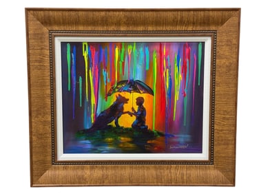 Signed Jim Warren Giclee on Canvas "A Boy & His Dog" Painting