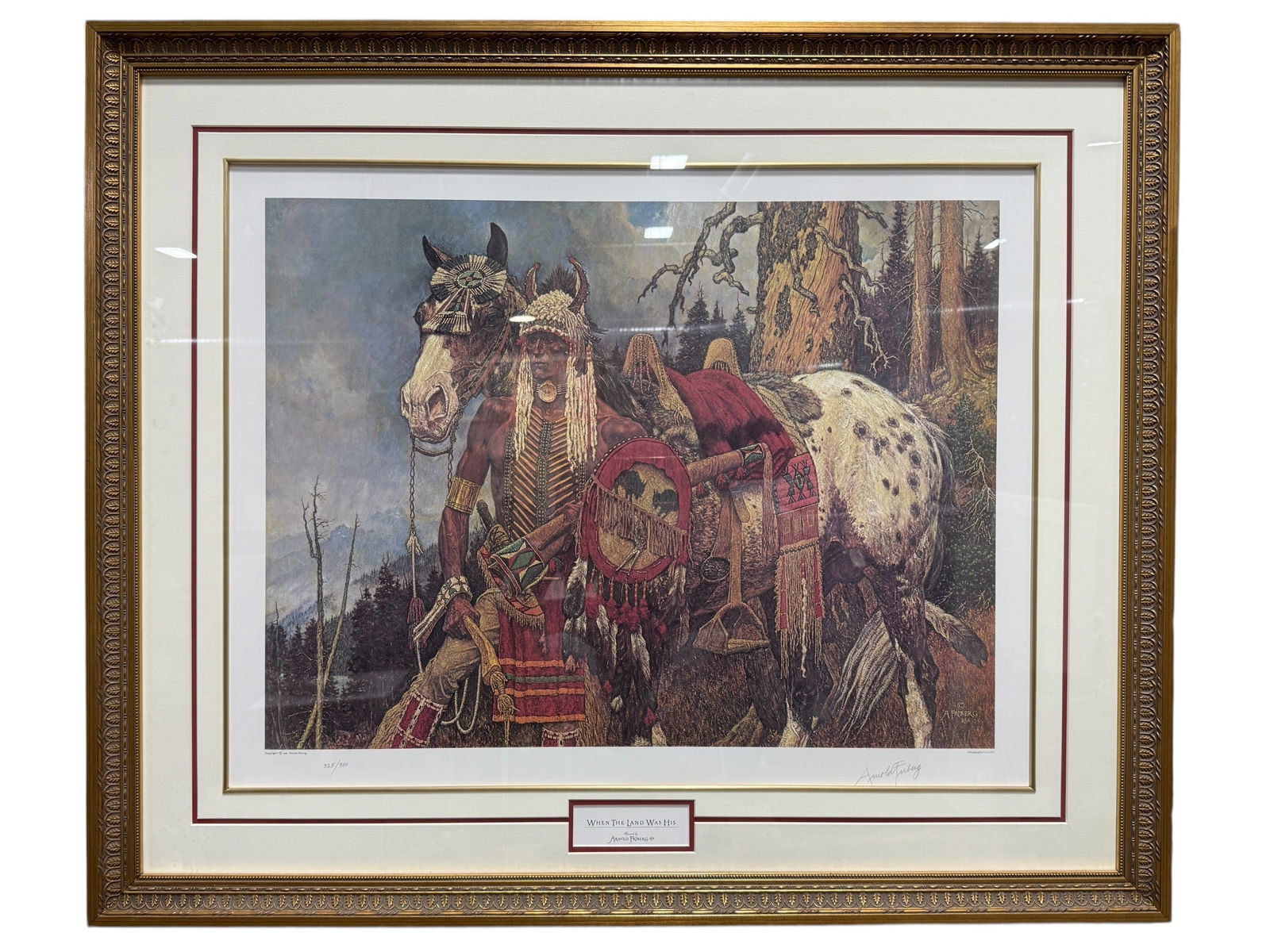 Framed "When The Land Was His" Print by Arnold Friberg: Framed "When The Land Was His" Print by Arnold Friberg. Pencil signed in bottom right corner and numbered 325/900. Print measures 26.25" x 20.25". Frame measures 35" x 20".