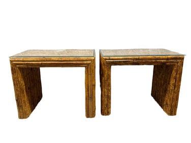 Pair of Glass Top Bamboo Side Tables