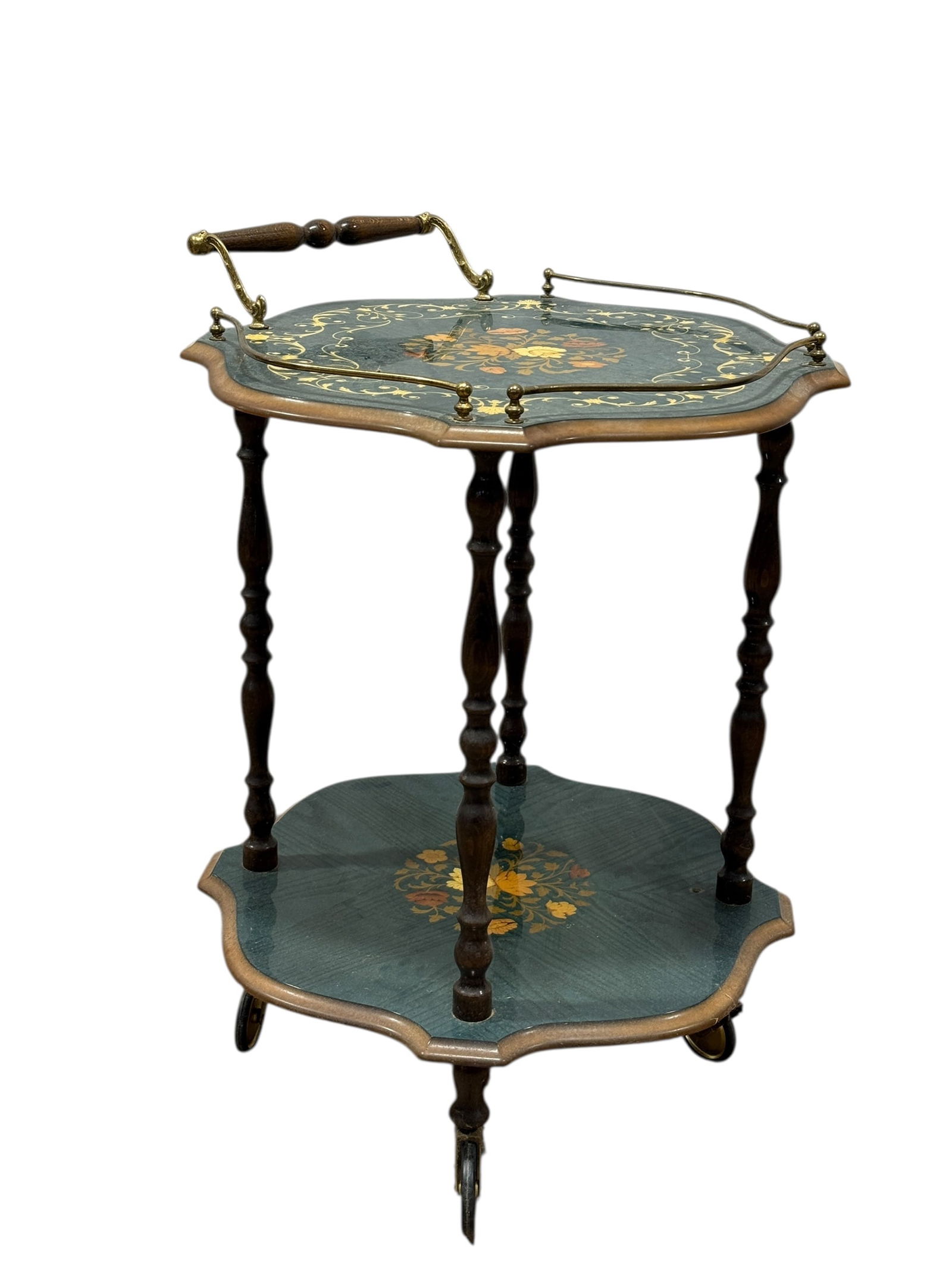 MCM Lacquered Italian Marquetry Wood Bar Cart: MCM Lacquered Italian Marquetry Wood Bar Cart. Made in Italy sticker on the underside. Measures 30.25" H x 21.75" W x 22.5" D.