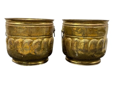 Pair of Large Brass Buckets w/ Lion Head Handles