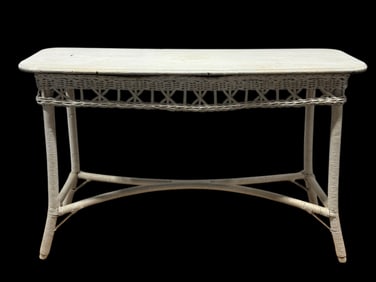 Antique White Wood Top Wicker Console Table