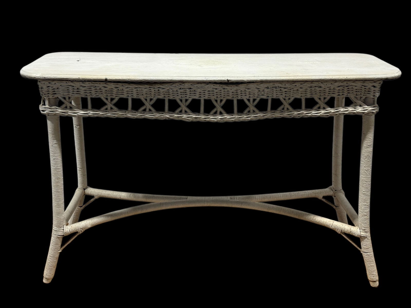 Antique White Wood Top Wicker Console Table: Antique White Wood Top Wicker Console Table. Measures 30.25" H x 48" W x 18" D.