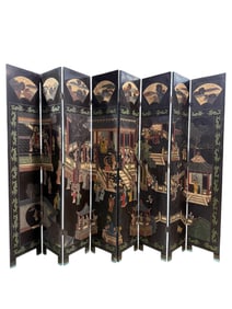 Large Antique Chinese Lacquer Painted 8 Panel Screen