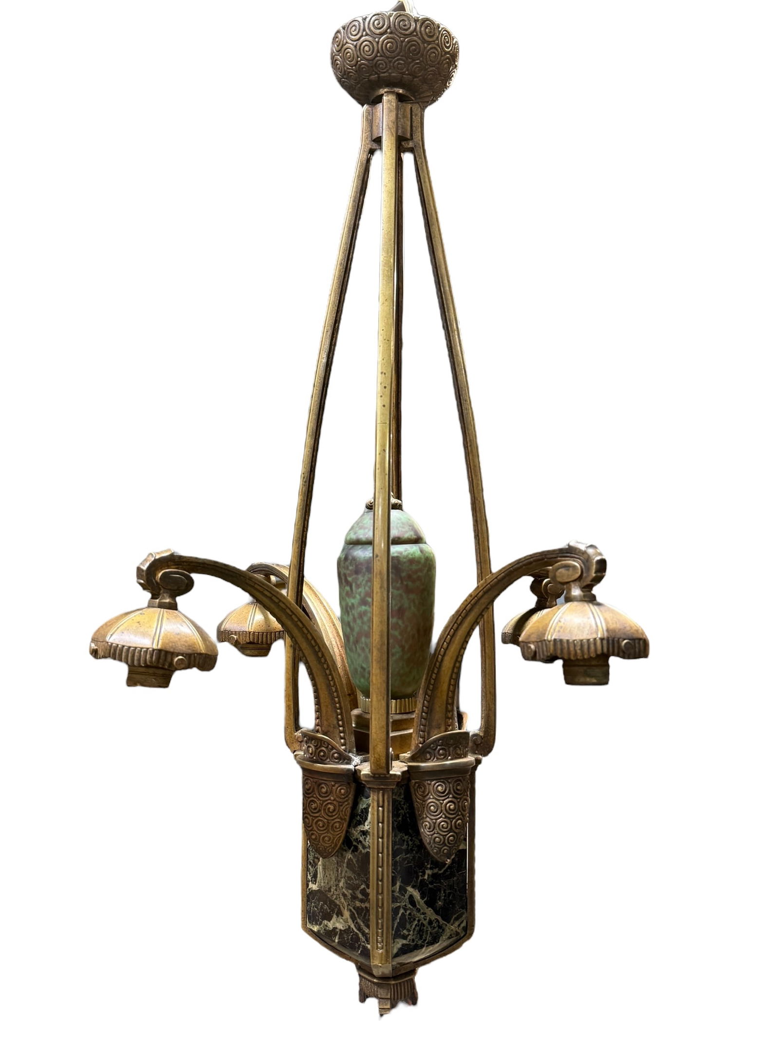 1920s French Bronze Deco Light Fixture w/ Art Glass Insert: 1920s French Bronze Deco Light Fixture w/ Art Glass Insert. Also, has marble panels. Measures 31.75" H x 20" W x 20" D.