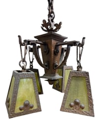 Cir 1910 Art & Crafts Iron Slag Glass Light Fixture