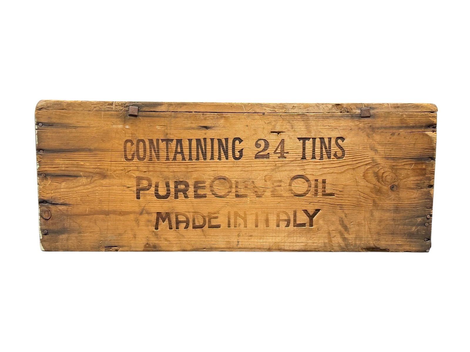 Antique Italian Pure Olive Oil Wood Crate: Antique Italian Pure Olive Oil Wood Crate. Marked Pure Olive Oil, Made in Italy, J P New Haven Conn. Measures 10.5" H x 27.75" W x 15" D.