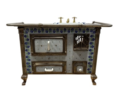 Antique European Cast Iron & Tile Stove w/ Sink