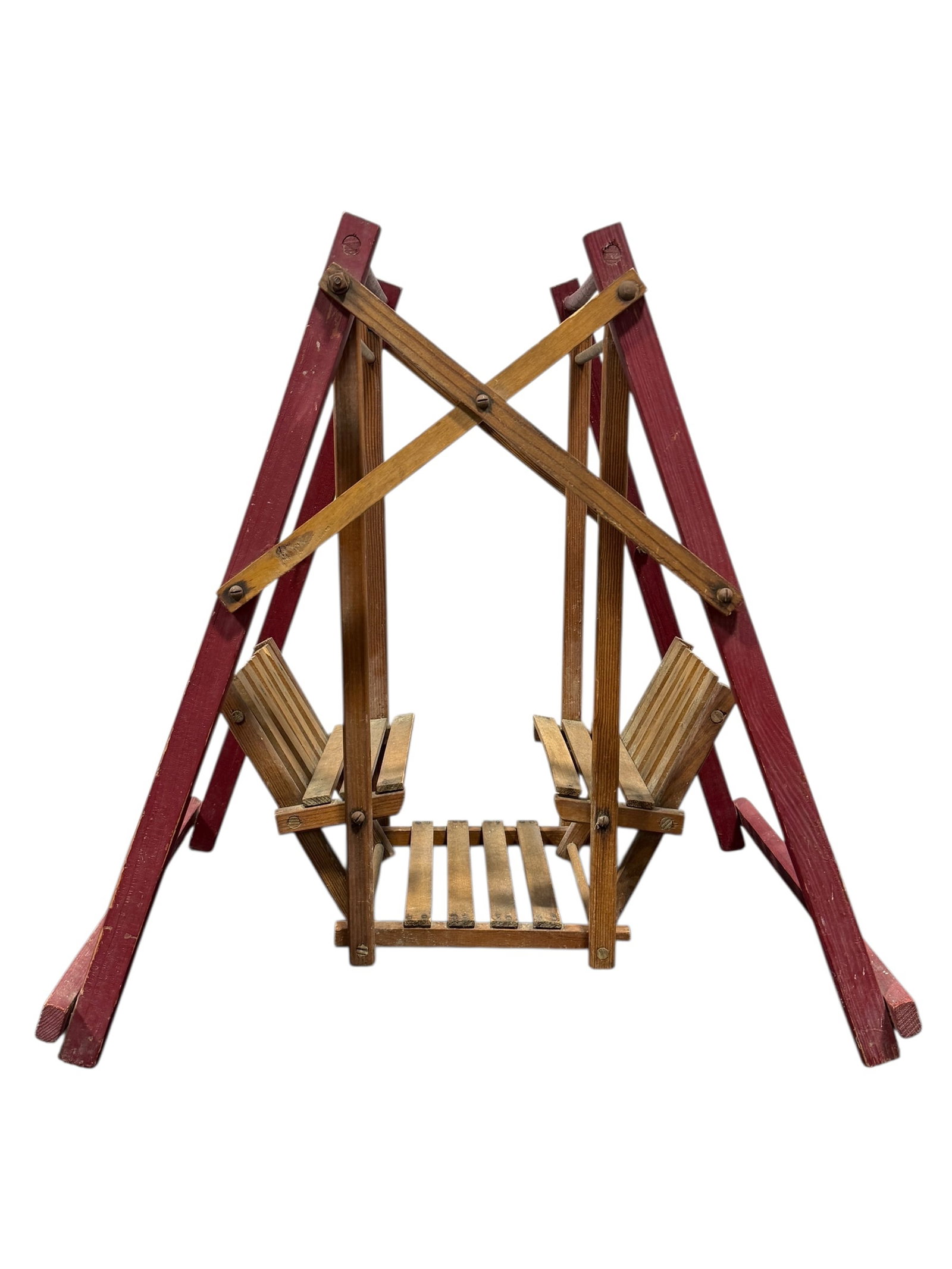 1950s Wooden Doll 2-Seat Swing: 1950s Wooden Doll 2-Seat Swing. Measures 23" H x 23.5" W x 17" D.