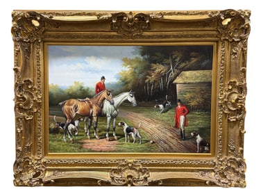 Large Oil on Canvas "Foxing Hunting" Painting Attr. To Larry Flynt