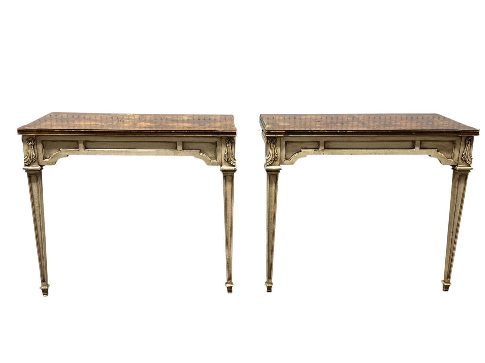 Pair of Wall Mounted 2 Leg Console Tables: Pair of Wall Mounted 2 Leg Console Tables. Measures 29" H x 34" W x 17" D.
