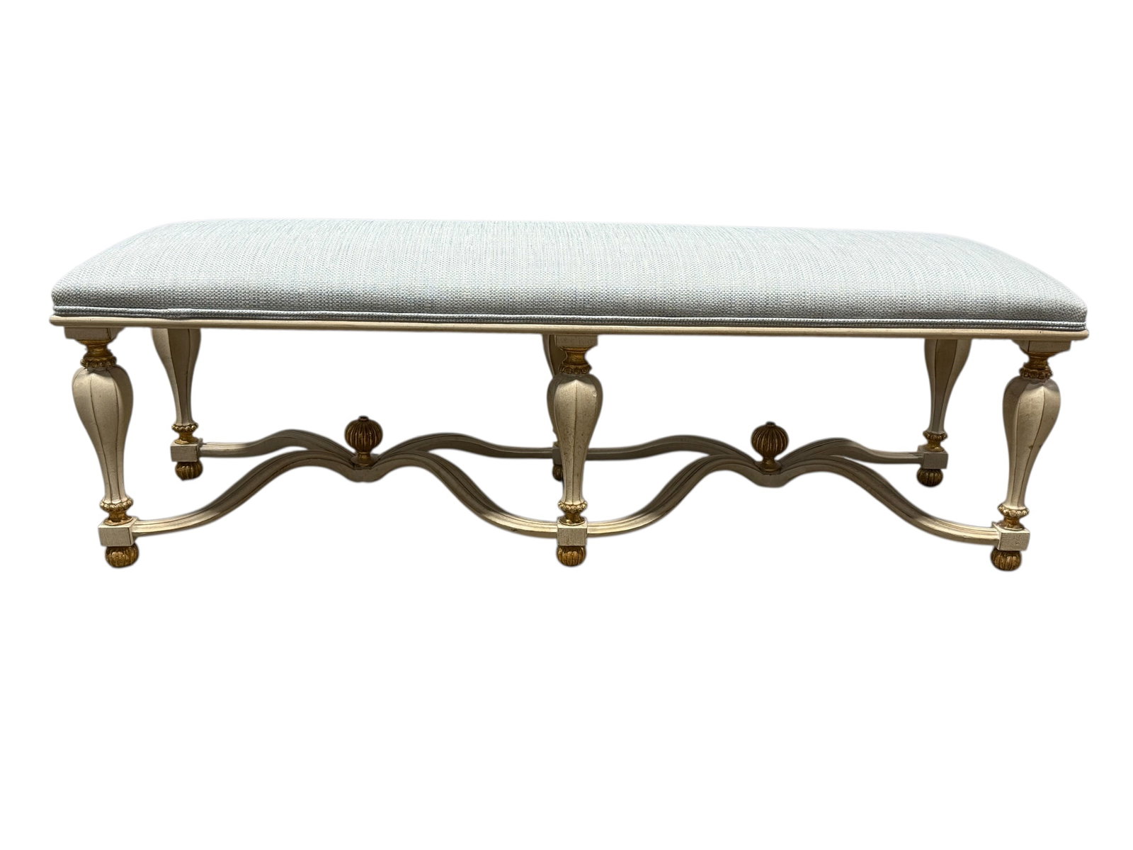 6 Legged Italian Upholstered Painted Bench: 6 Legged Italian Upholstered Painted Bench. Marked Made in Italy on the underside. Measures 20.25" H x 61" W x 18.75" D.