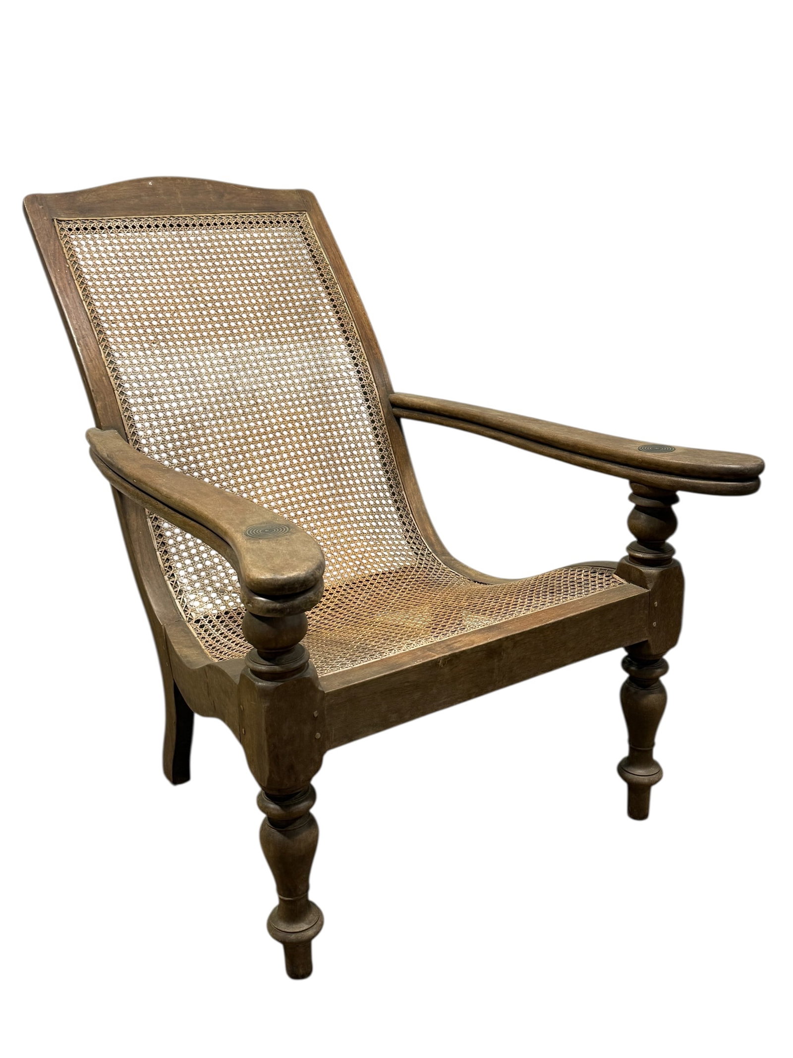 19th C. Colonial Style Plantation Caned Chair: 19th C. Colonial Style Plantation Caned Chair. Measures 39.75" H x 31" W x 45" D. Seat height measures 16.5" H.