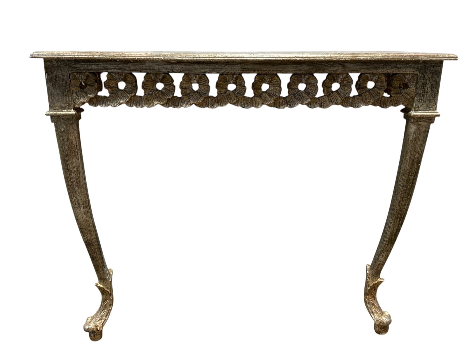 Italian Silver Giltwood Wall Mounted Console Table: Italian Silver Giltwood Wall Mounted Console Table. Marked Made in Italy. Measures 32.25" H x 38.25" W x 16" D.