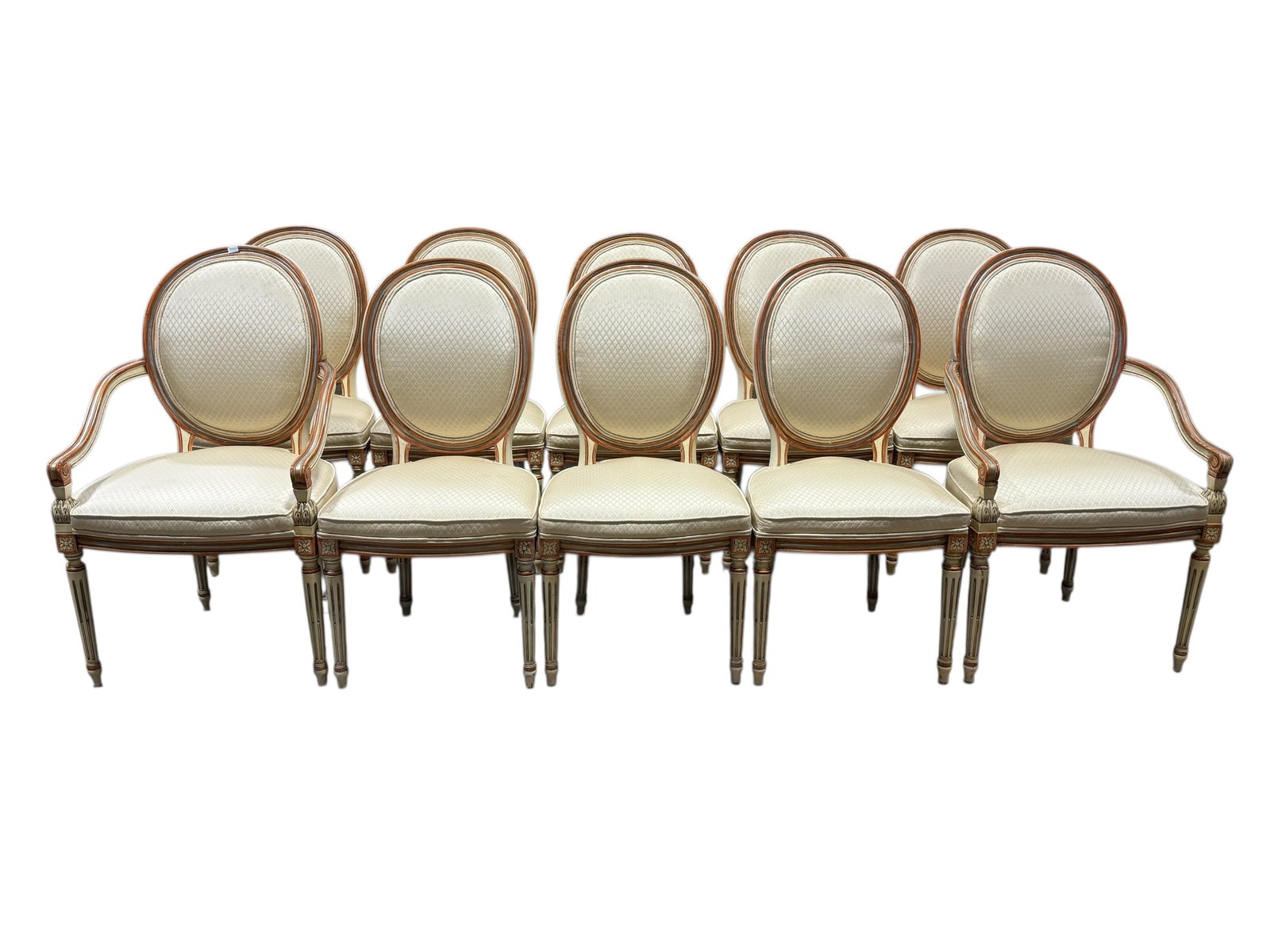 Set of 10 Karges French Style Round Back Dining Chairs: Set of 10 Karges French Style Round Back Dining Chairs. Side chairs measure 37" Tall. Arm chairs measure 37" H x 22.5" W x 23" D. Seat height measures 18.5" H.