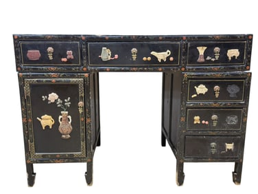 Antique 3 Pc Asian Chinoiserie Black Lacquer Desk