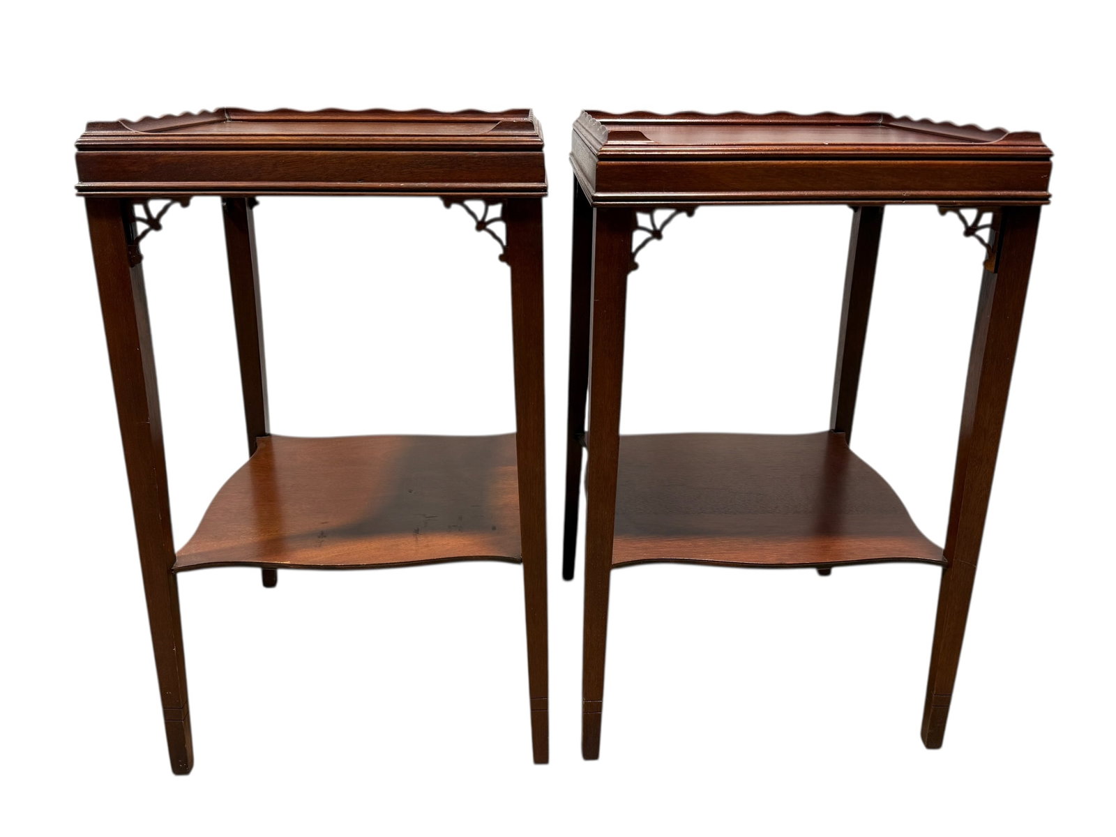 Pair of Chippendale Style Side Tables: Pair of Chippendale Style Side Tables. Measures 27.25" H x 16.75" W x 16.75" D.