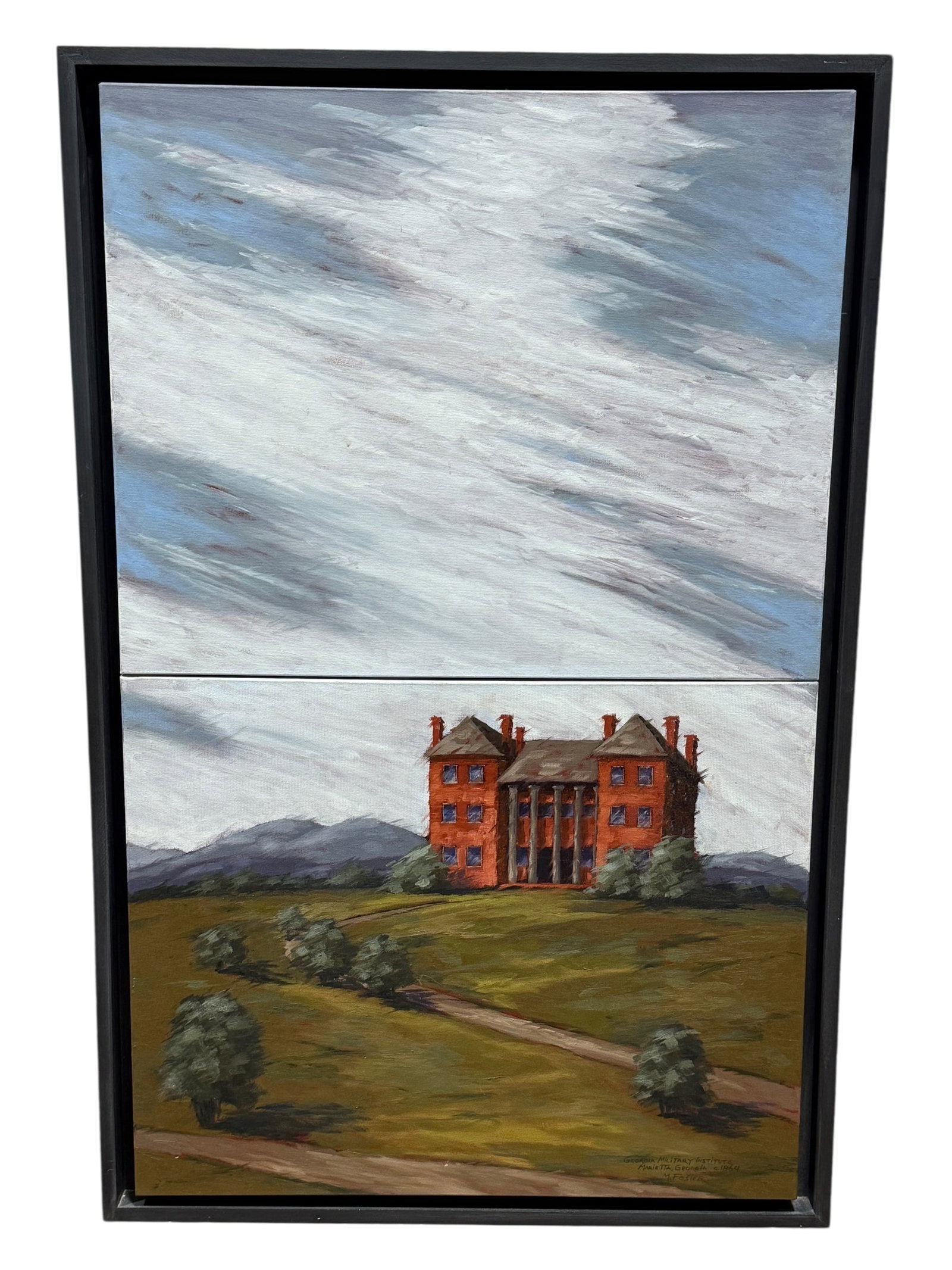 Signed M. Foster Oil on Canvas "Georgia Military Institute" Painting: Signed M. Foster Oil on Canvas "Georgia Military Institute" Painting. Depicting "Georgia Military Institute" Marietta, GA Circa 1864. Signed in the bottom right corner. Painting measures 48" x 30". Fr