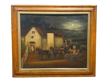 19th C. Oil on Canvas English "Coaching Scene" Painting