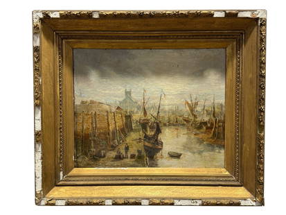 Signed John Jack Fine 19th C. Oil on Board " English Harbor" Painting: Signed John Jack Fine 19th C. Oil on Board " English Harbor" Painting. John Jack (UK,1872-1891). Signed J Jack 189 in the bottom right corner. Depicting an english harbor with boats on the water, civi