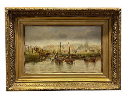 Signed John Jack Fine 19th C. Oil on Board " English Harbor" Painting: Signed John Jack Fine 19th C. Oil on Board " English Harbor" Painting. John Jack (UK,1872-1891). Signed J Jack 190 in the bottom right corner. Depicting an english harbor with boats on the water, civi