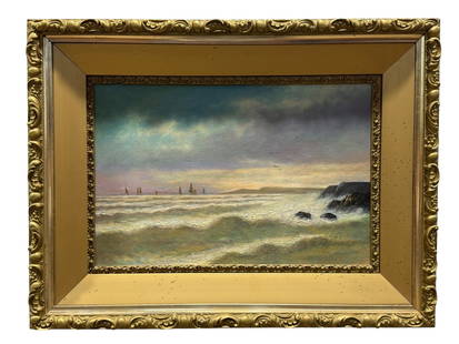 19th C. Oil on Canvas "Seascape" Painting: 19th C. Oil on Canvas "Seascape" Painting. Artist unknown. Depicting seascape with boats in the distance in gilt frame. Painting measures 17.75" x 11.75". Frame measures 25" x 19". Frame has some scuf