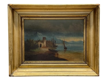 19th C. Oil on Canvas "Boats at Bay" Painting